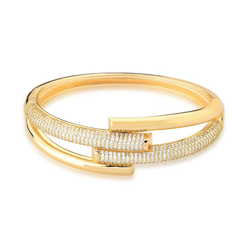 Pulseira bracelete tubo duplo cravejado e liso dourada