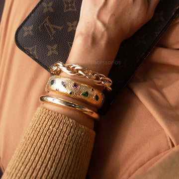 Pulseira bracelete pedras coloridas trabalhada dourada