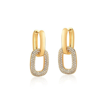 Brinco dourado argola lisa e cravejada retangular 2 em 1