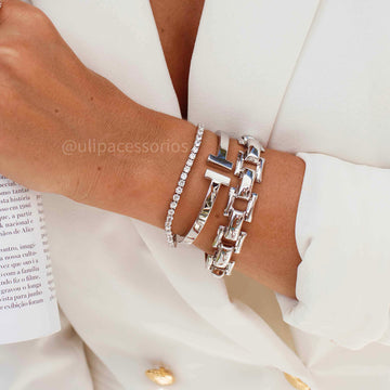 Pulseira bracelete T largo liso com banho de ródio branco