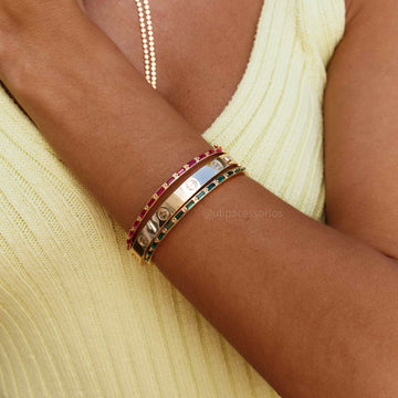 Pulseira bracelete baguetes esmeralda fino dourada