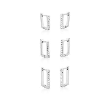 Brinco trio de argolas quadradas cravejadas com banho de ródio branco